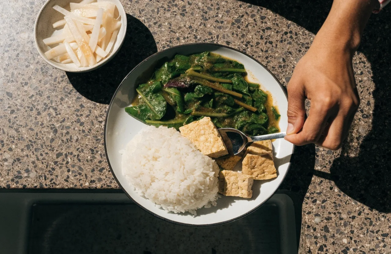 A home-cooked Indonesian plate being assembled on a terrazzo counter, rice beside tempeh and greens