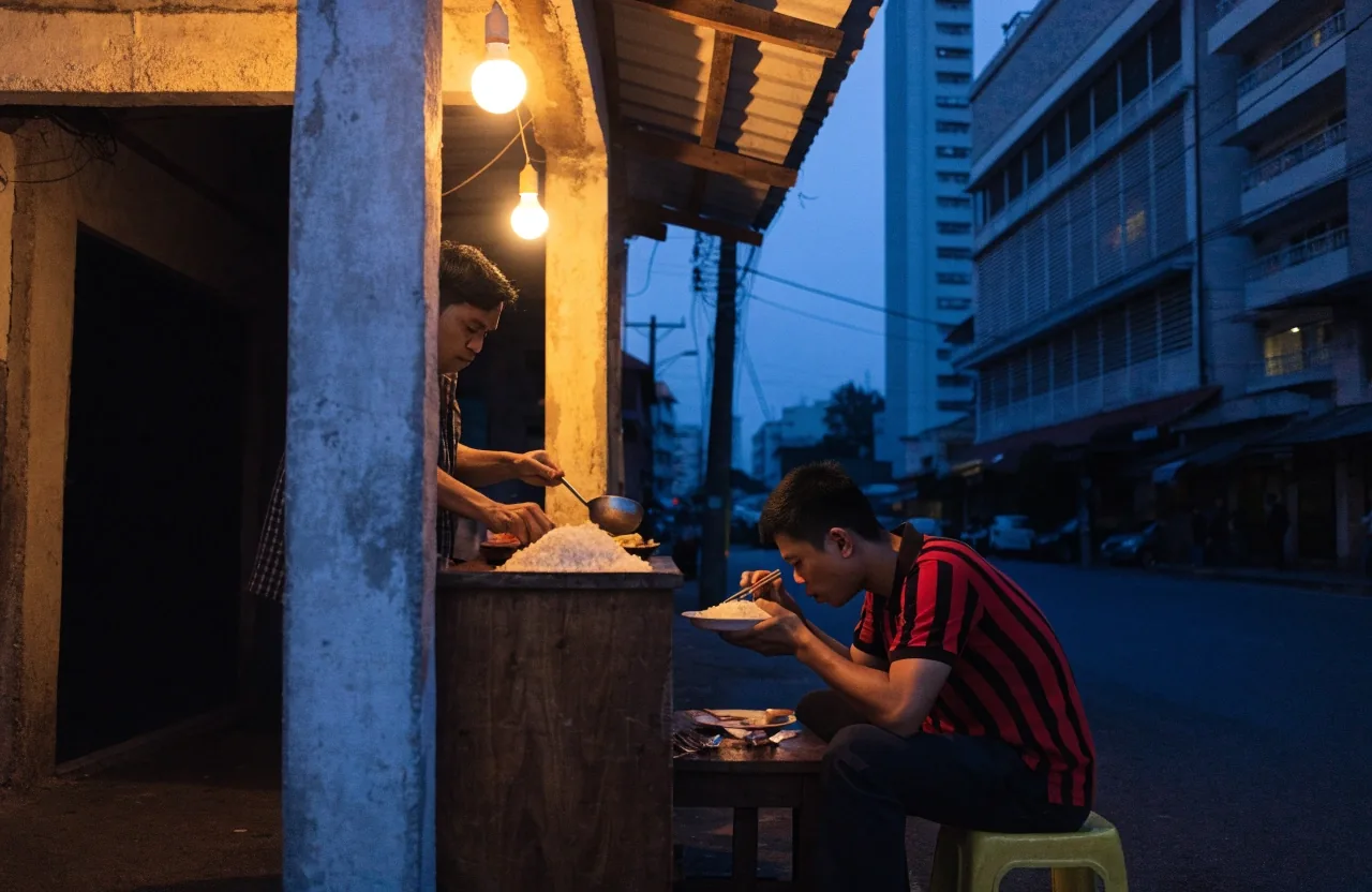 An evening street-side warung in Jakarta with a customer eating a plate of rice at a low table