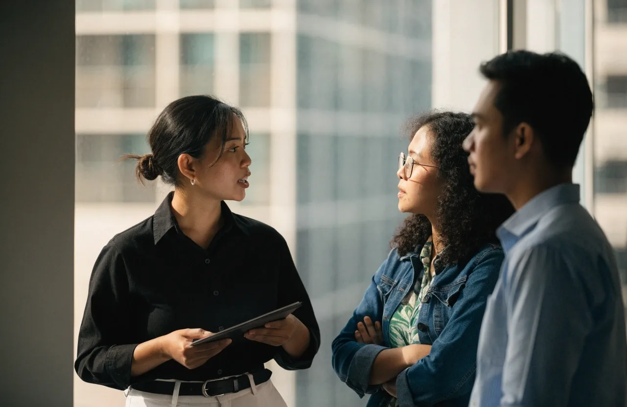 Dietitians reviewing a colleague's paperwork during a practice interview at a desk