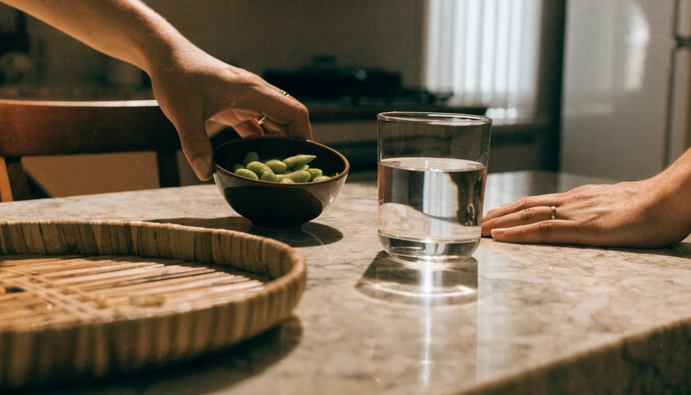 A dietitian's daylight workspace with hands resting on an open notebook beside a glass of water