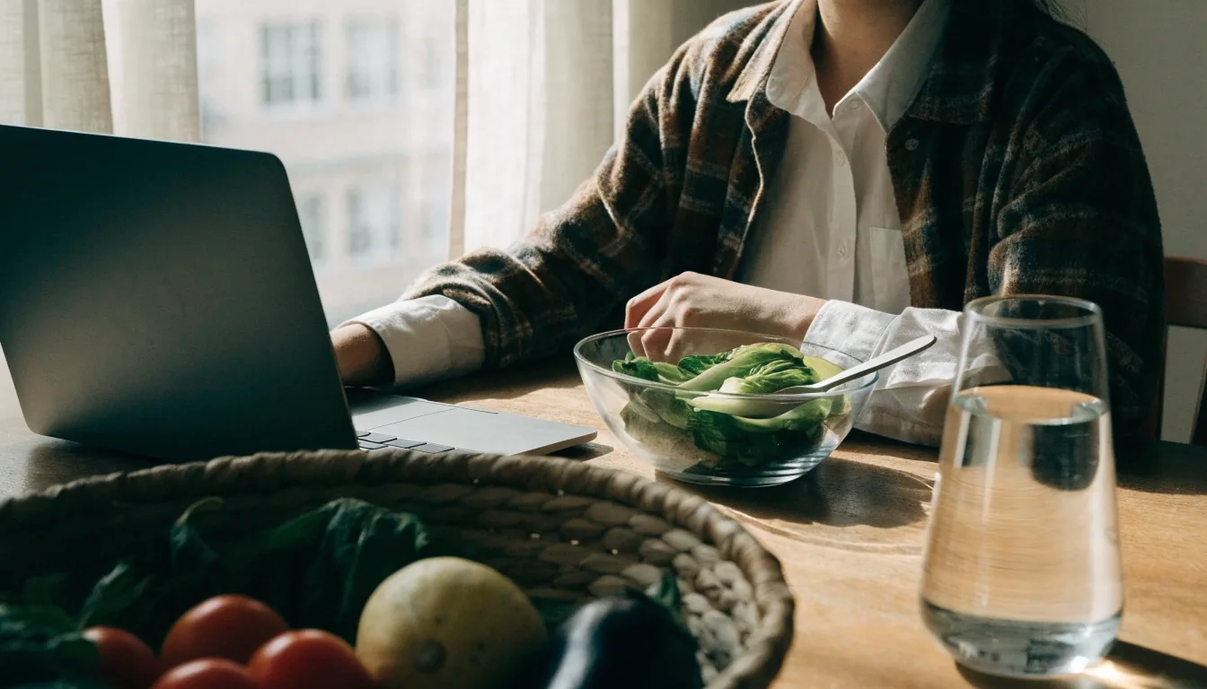Hands typing on a laptop at a kitchen table with water and fresh vegetables nearby