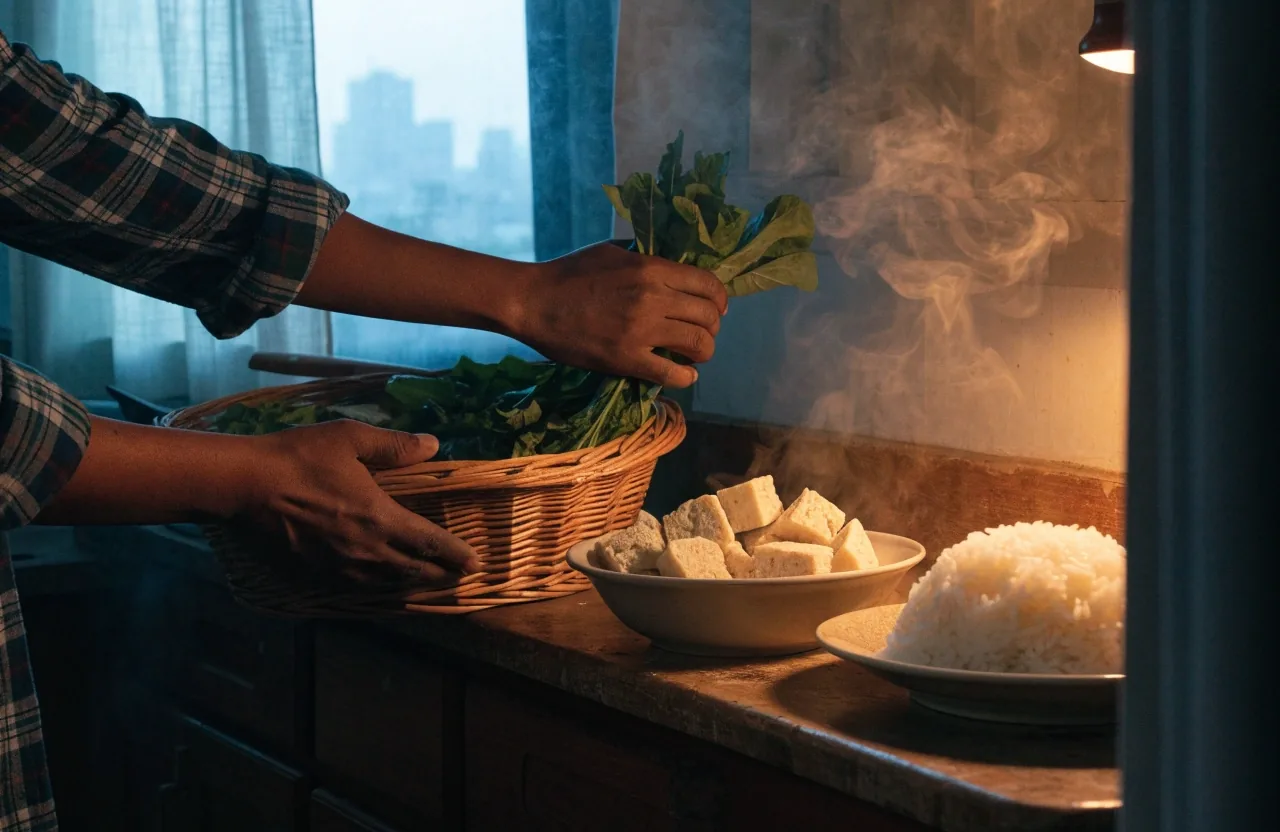 Afternoon market stall with tempeh, tofu, and fresh vegetables in woven baskets and basins