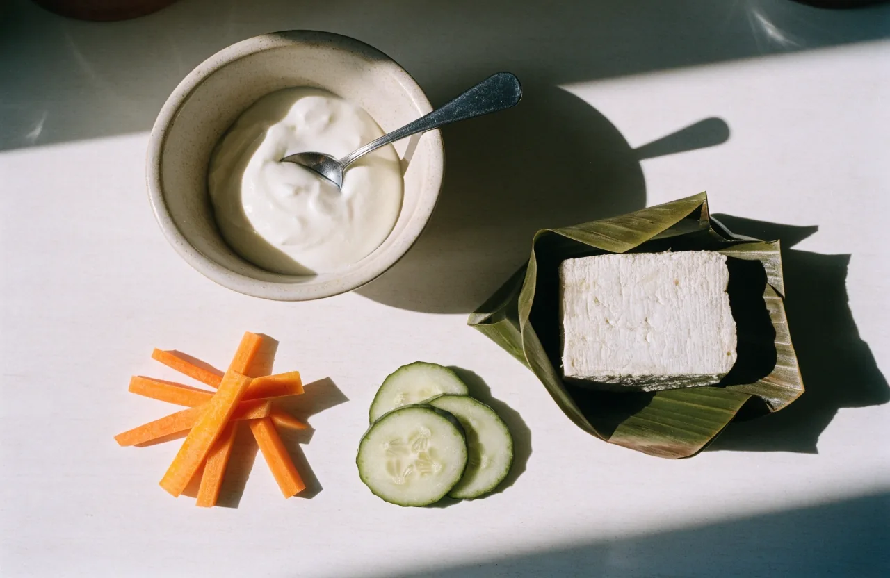 Counter still life with a bowl of yogurt, a fresh tempeh parcel cut open, sliced vegetables, and a jar of fermented vegetables