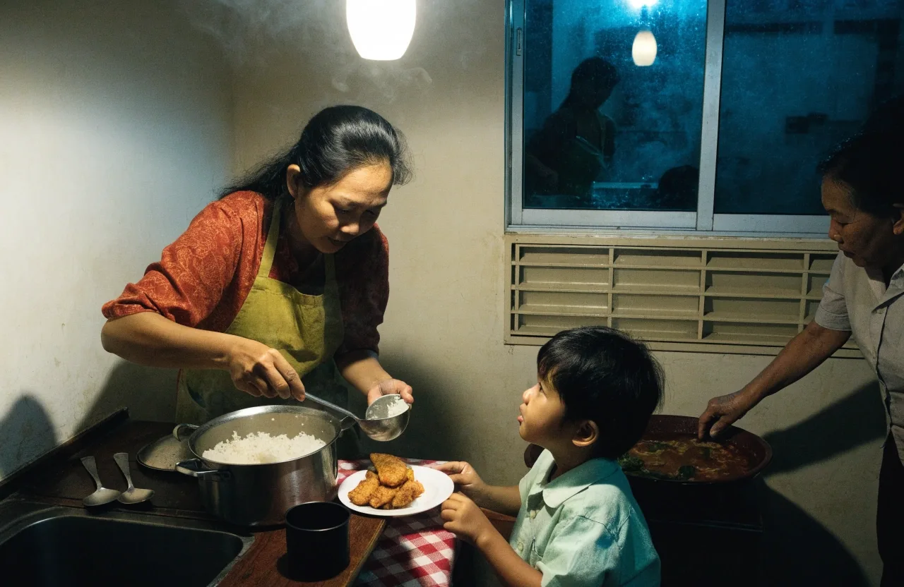 Family eating dinner together, sharing rice, greens, fried tempeh, and soup at an evening table