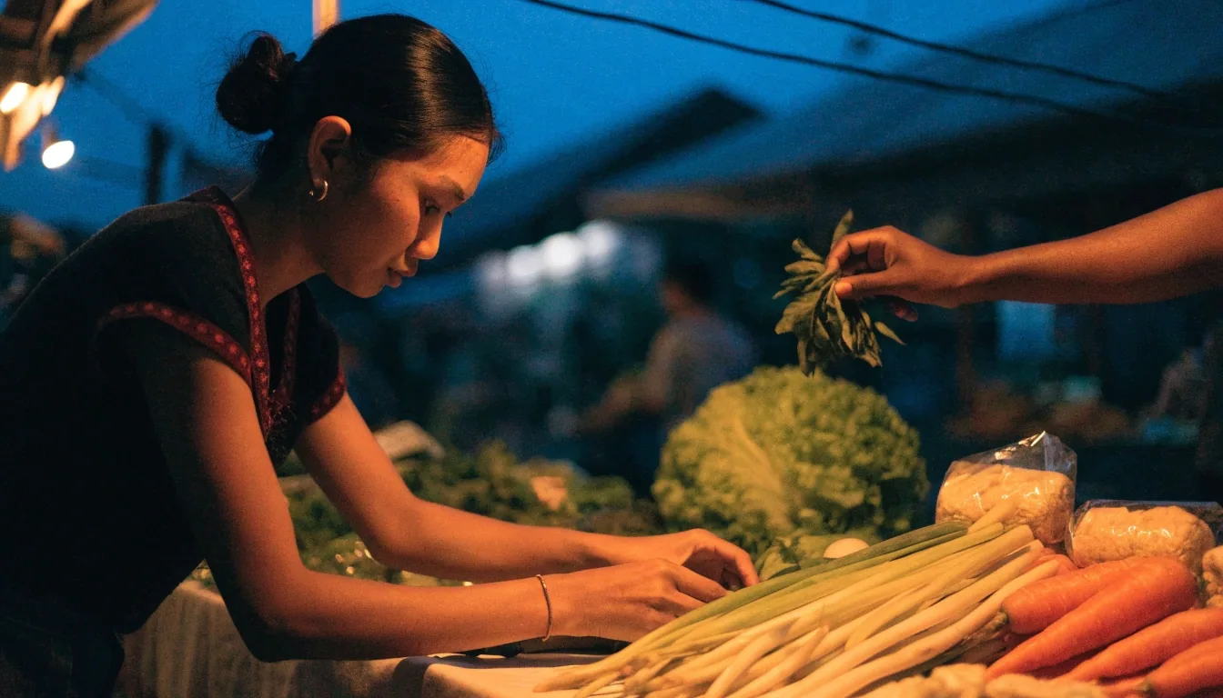 An evening market stall with fresh vegetables and tempeh, a shopper's hand reaching for a bundle of greens