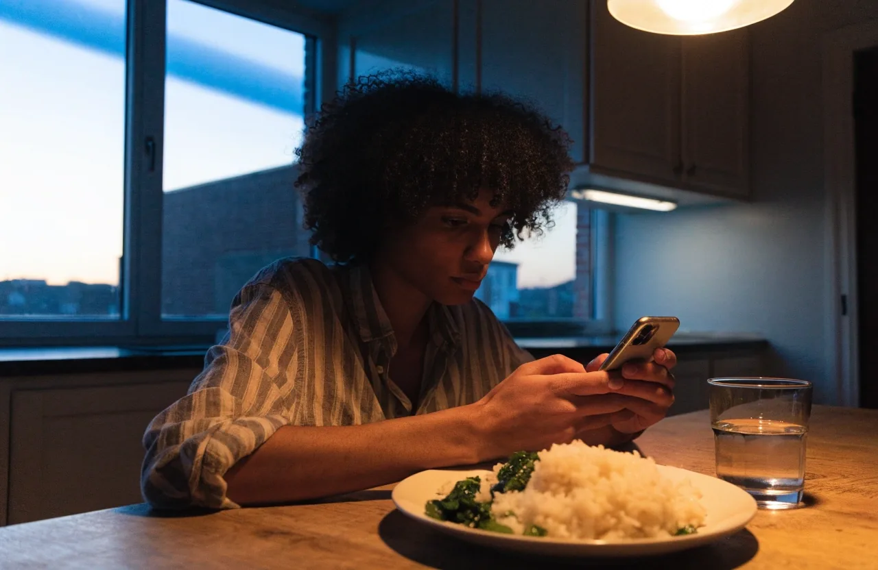 A person at a kitchen table at dusk entering details into a phone beside a half-finished plate