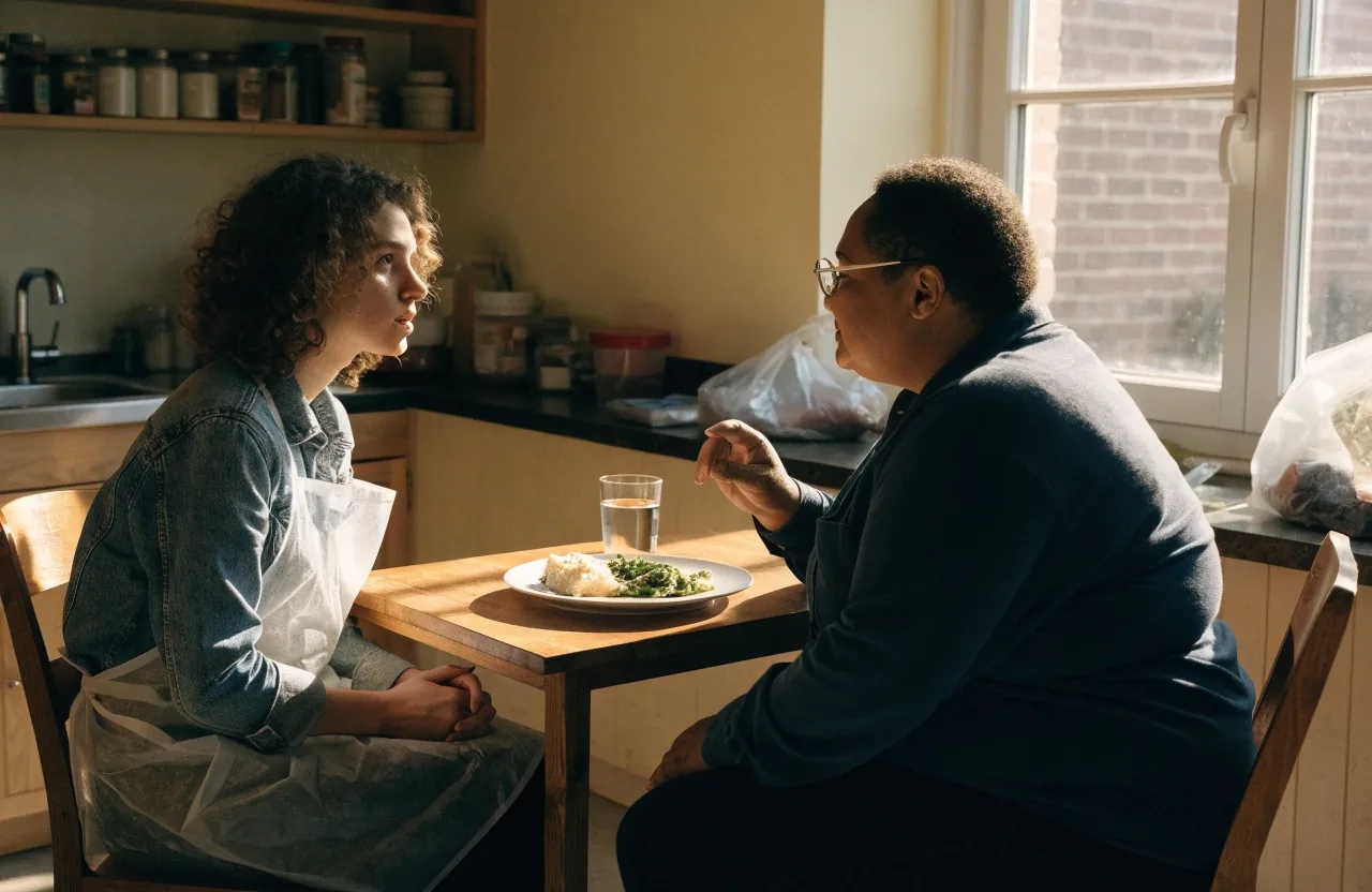 A registered dietitian sitting at a home desk in daylight, hands on a notebook, mid-conversation