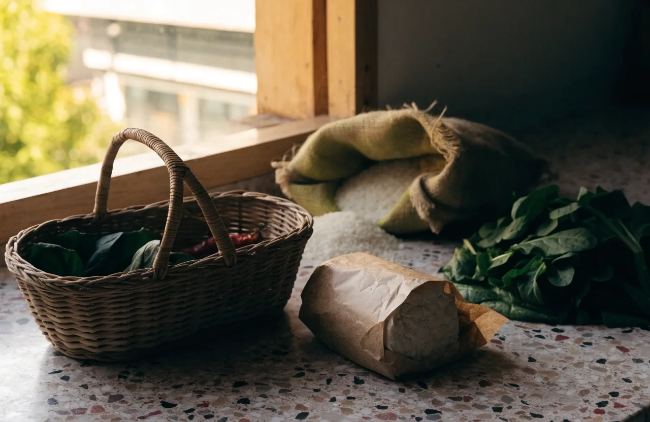 A shopping basket on a terrazzo counter with leafy greens, tempeh and a heap of rice