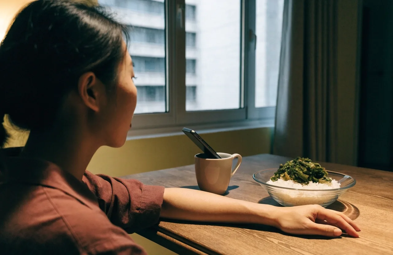 A person at a simple table during a video call, one hand beside a mug and a bowl of rice