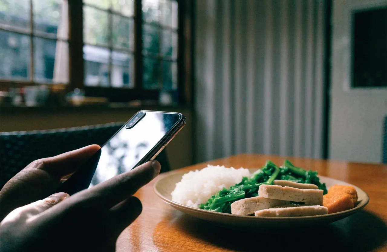 A hand holding a phone above a home-cooked plate on a wooden table in dappled daylight