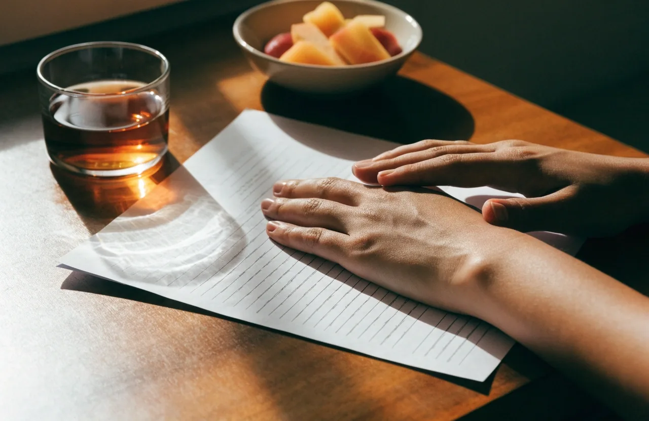 Hands filling in details on a folded paper form beside a cup of tea and a bowl of cut fruit