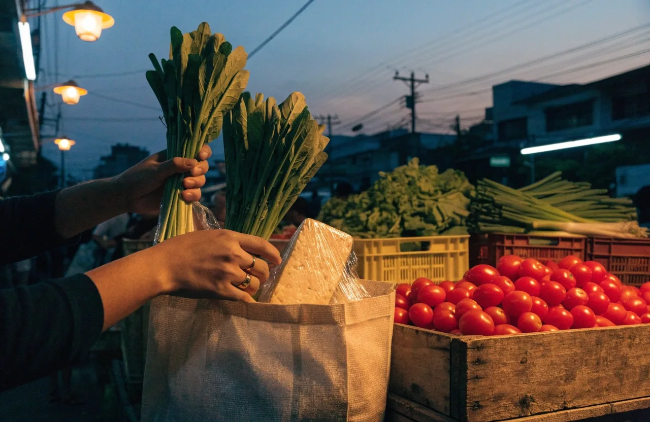 Hands packing kangkung and tempeh into a woven bag at an evening market stall in Jakarta