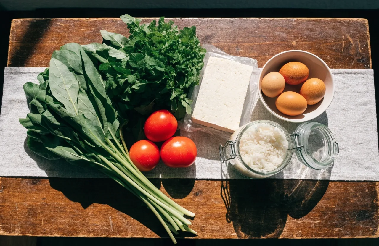 Overhead view of a kitchen table laid out with greens, tofu, eggs, rice and market basket for a weekly shop