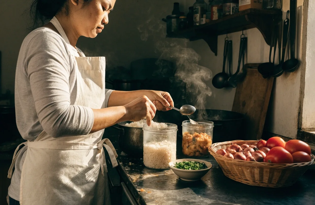 Rice, a prepared protein base and containers of chopped greens set out on a counter for batch cooking
